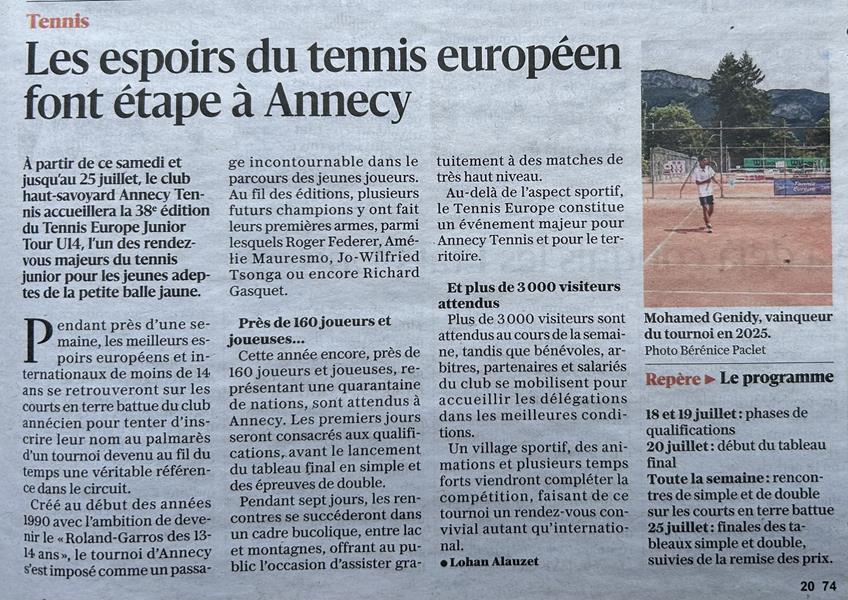 Les espoirs du tennis européen font étape à Annecy 